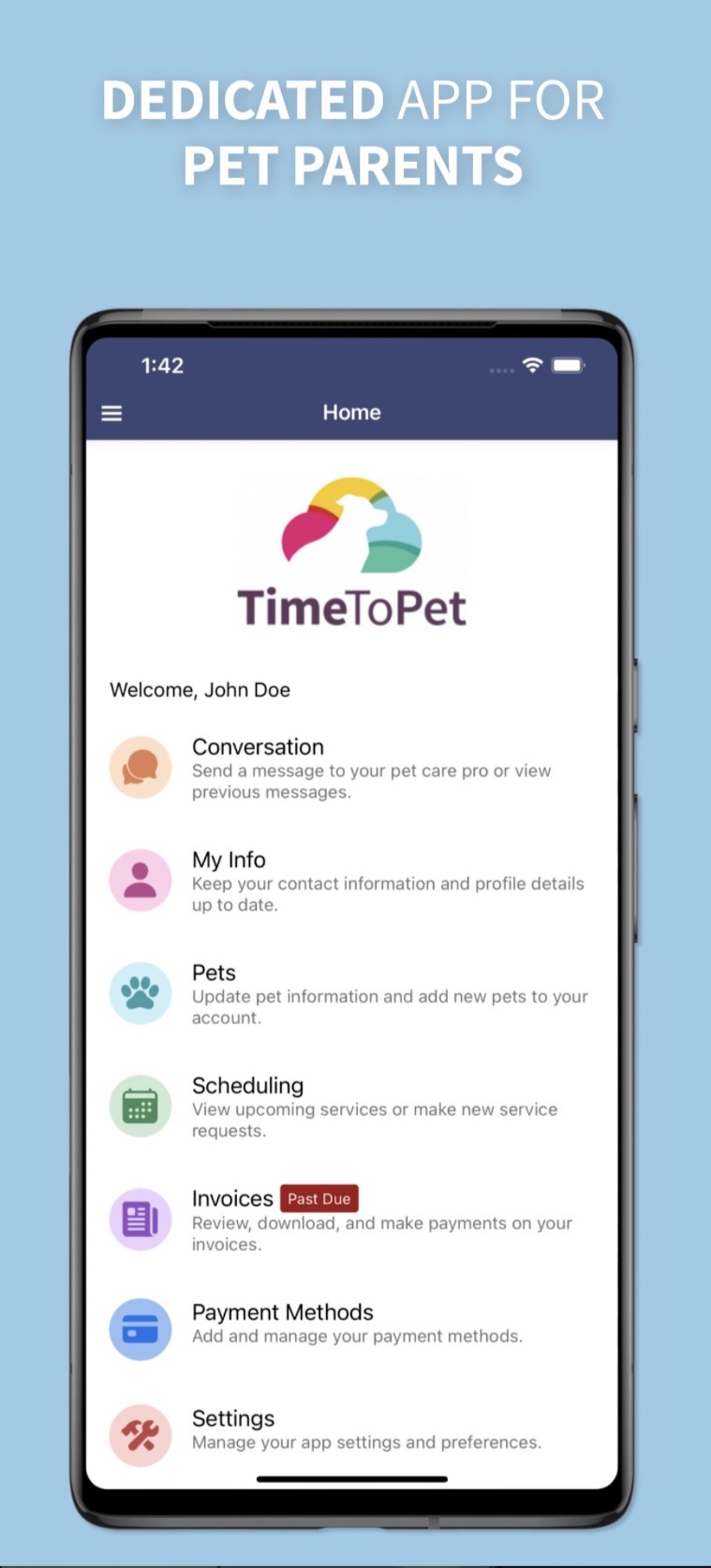 Time To Pet app home screen showing Conversation, My Info, Pets, Scheduling, Invoices, and Settings