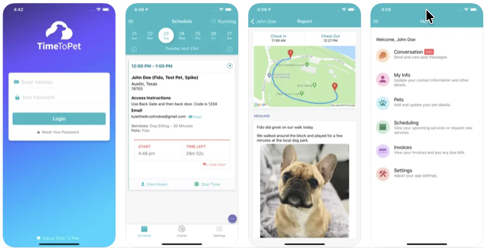 Time To Pet app screens showing Login, Schedule, GPS Report Card, and Client Home — all features available to Ohh My Dog! clients