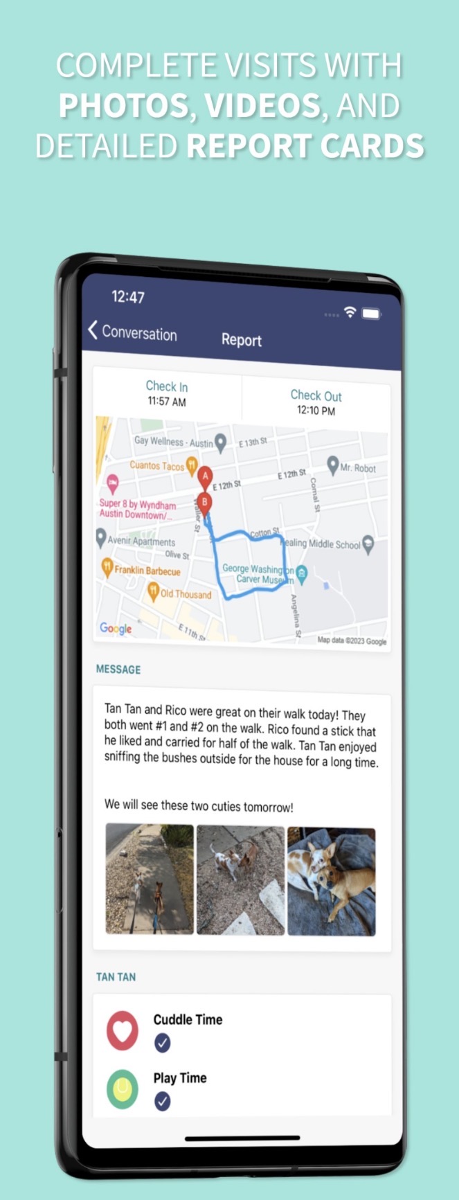 Time To Pet app showing GPS-tracked dog walk report card with photos and detailed visit notes